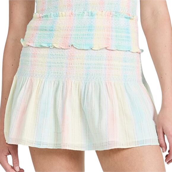 LoveShackFancy Camilla Rainbow Striped Mini Skirt P XS Ruffle Smocked Coquette - Picture 9 of 9